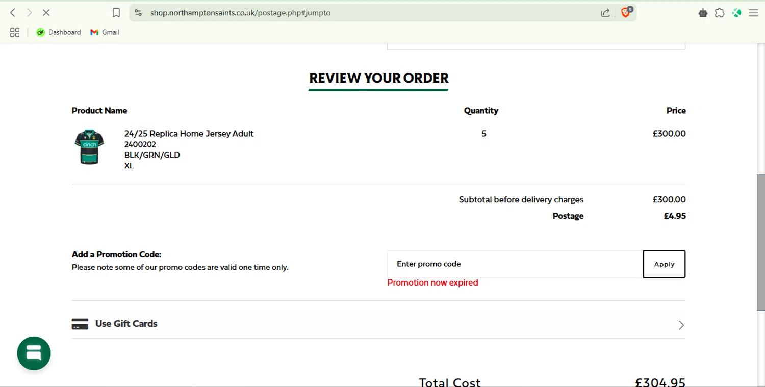 Northampton Saints discount code screenshot showing code 6PRINT applied at Northampton Saints checkout page. Uploaded by SimplyCodes community member jairomalkovich on Apr 7, 2025