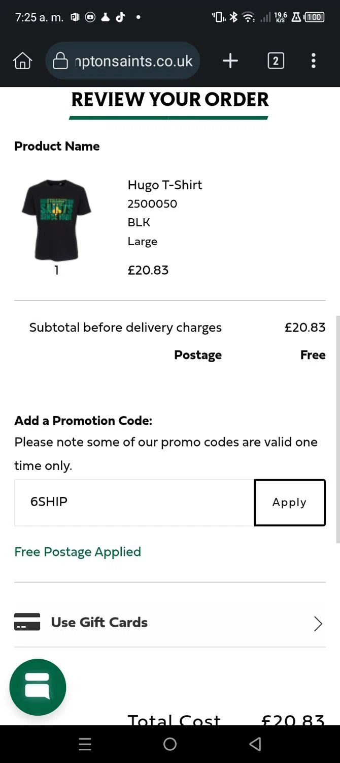 Northampton Saints checkout page showing Northampton Saints discount code box | Screenshot taken by SimplyCodes community member on Mar 9, 2025