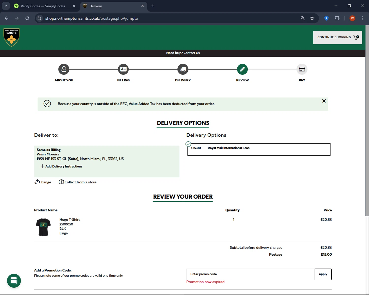 Northampton Saints discount code screenshot showing code 6SHIP applied at Northampton Saints checkout page. Uploaded by SimplyCodes community member CashPro9699 on Apr 7, 2025