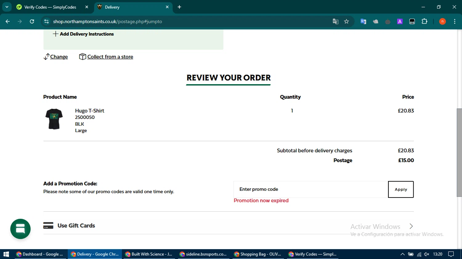 Northampton Saints discount code screenshot showing code 6SHIP applied at Northampton Saints checkout page. Uploaded by SimplyCodes community member CoinMaven895 on Apr 7, 2025