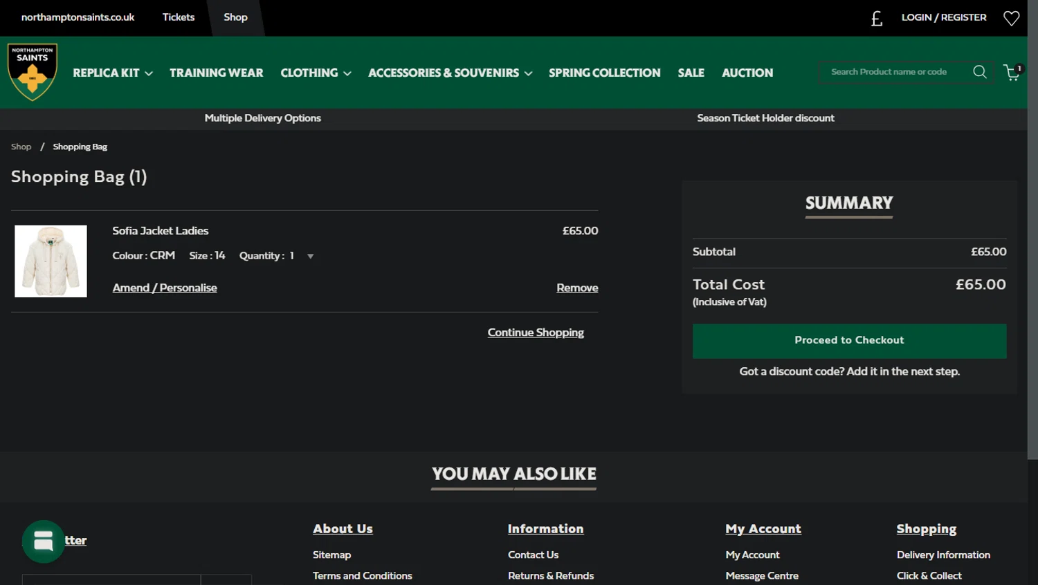 Northampton Saints discount code screenshot showing code 6DISCOUNT applied at Northampton Saints checkout page. Uploaded by SimplyCodes community member CodeRanger4147 on Mar 30, 2025