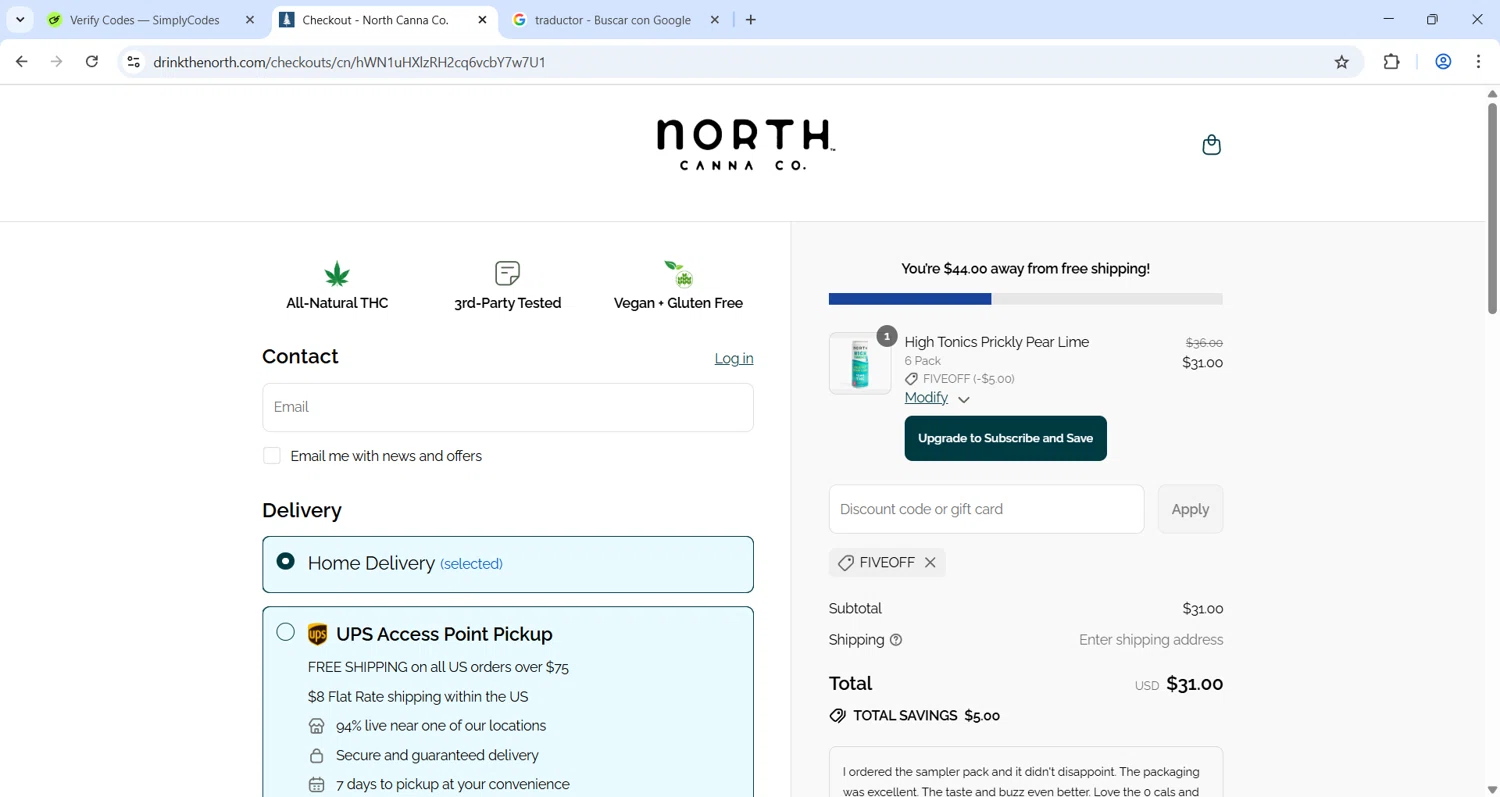 NORTH Canna discount code screenshot showing code FIVEOFF applied at NORTH Canna checkout page. Uploaded by SimplyCodes community member CleverChaser8361 on Aug 17, 2025