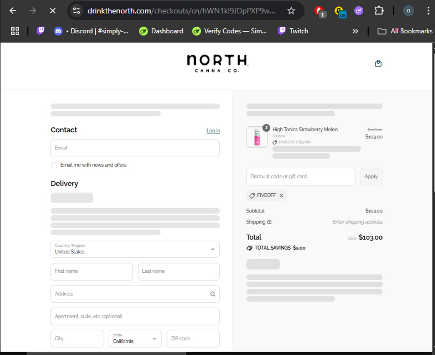 NORTH Canna discount code screenshot showing code FIVEOFF applied at NORTH Canna checkout page. Uploaded by SimplyCodes community member DealHero3744 on Aug 13, 2025