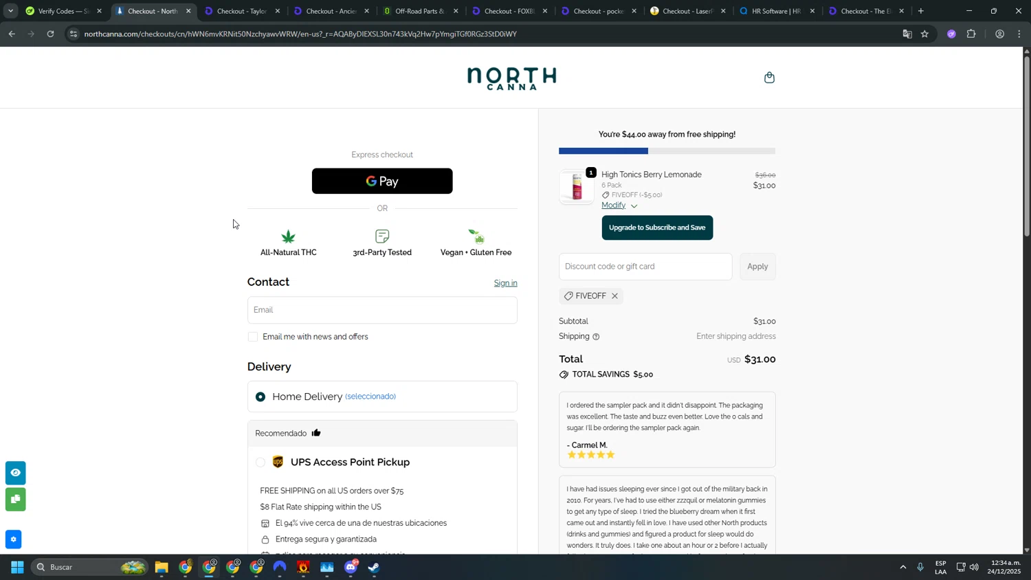 NORTH Canna discount code screenshot showing code FIVEOFF applied at NORTH Canna checkout page. Uploaded by SimplyCodes community member sfdfgdsfgdfgdfg on Dec 24, 2025