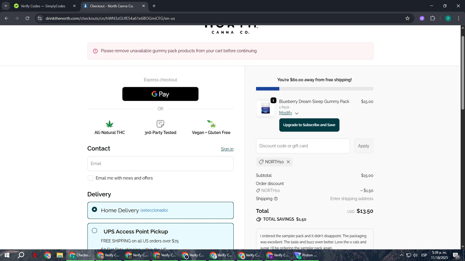 NORTH Canna discount code screenshot showing code NORTH10 applied at NORTH Canna checkout page. Uploaded by SimplyCodes community member FrugalCaptain6906 on Oct 11, 2025