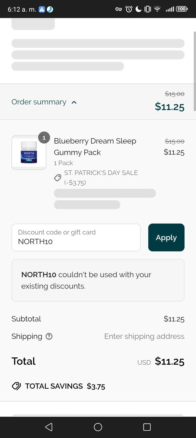 NORTH Canna discount code screenshot showing code NORTH10 applied at NORTH Canna checkout page. Uploaded by SimplyCodes community member Gojosatoru20 on Mar 18, 2025