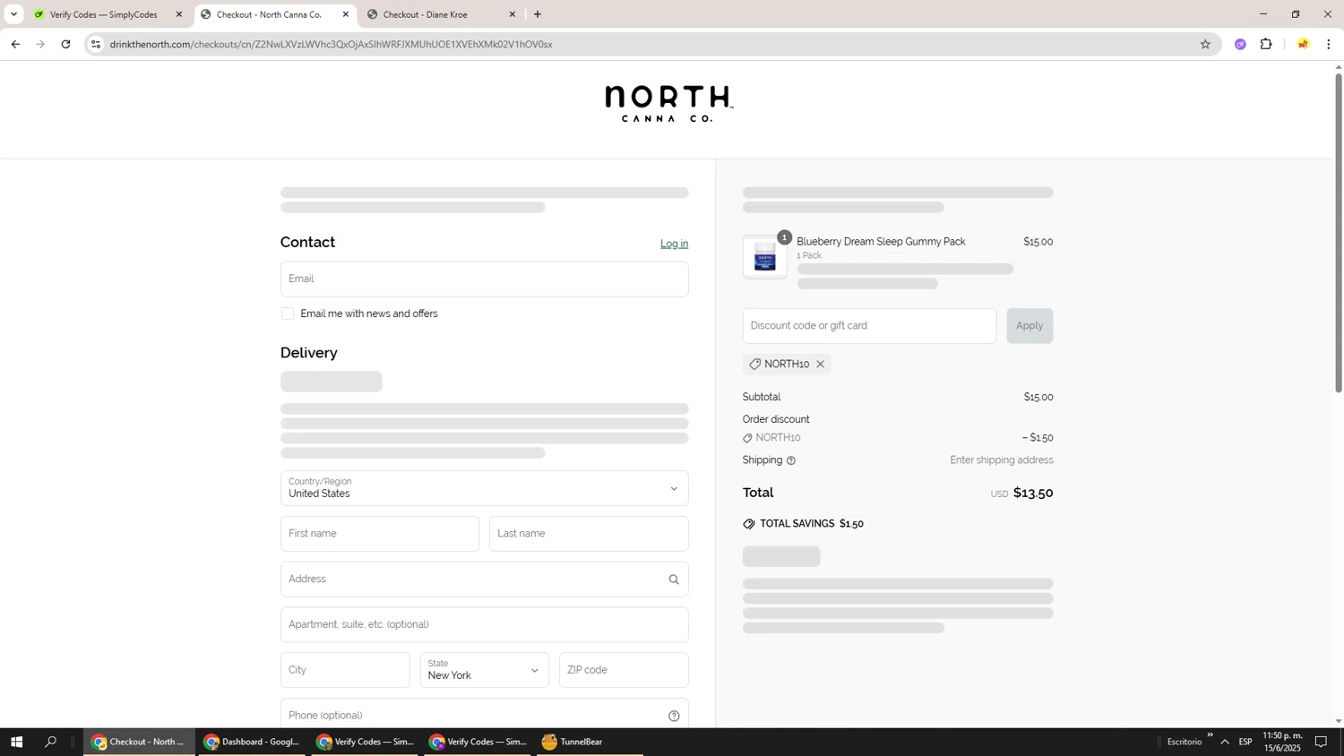 NORTH Canna discount code screenshot showing code NORTH10 applied at NORTH Canna checkout page. Uploaded by SimplyCodes community member Richard251 on Jun 16, 2025