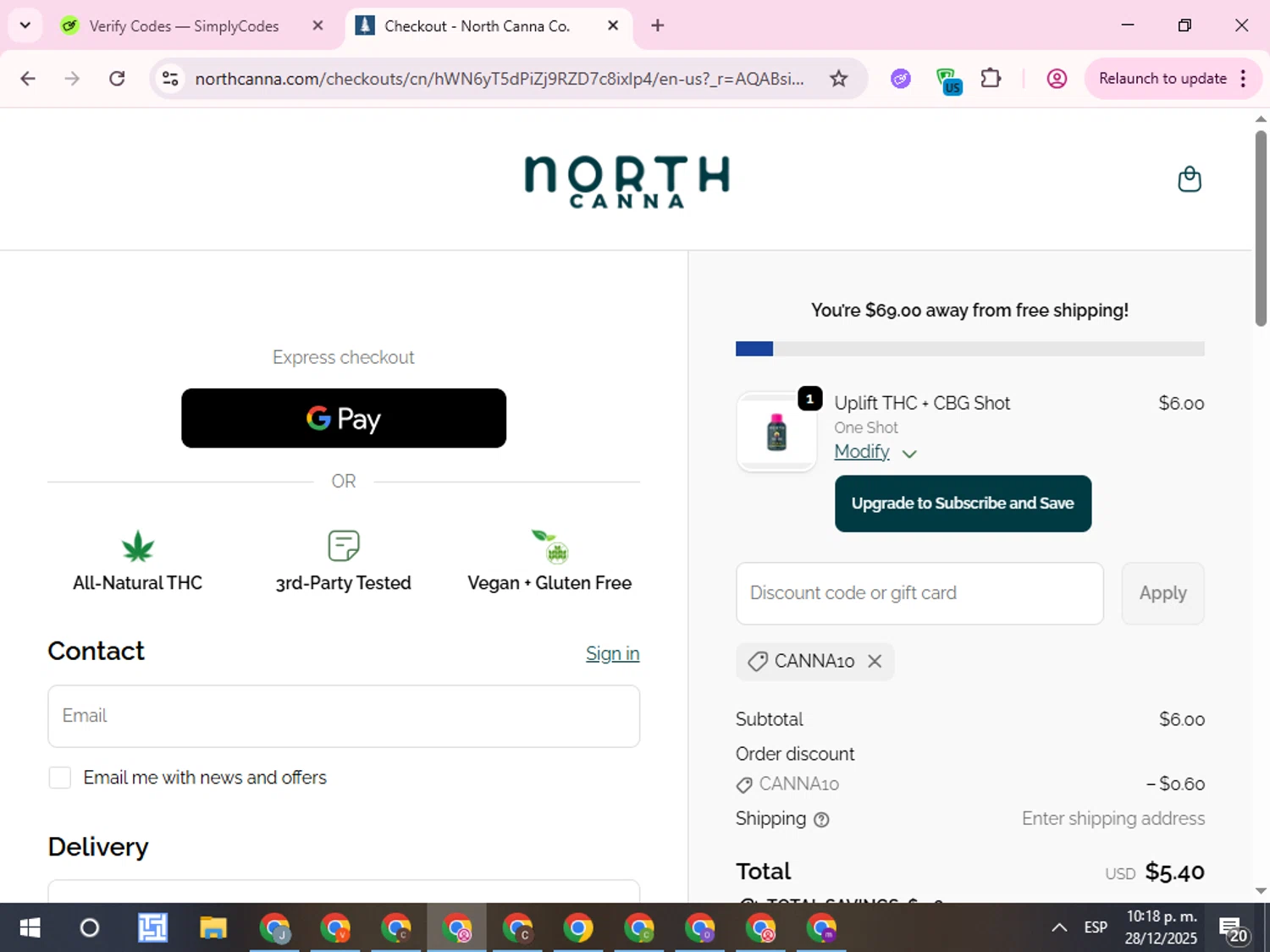 NORTH Canna discount code screenshot showing code CANNA10 applied at NORTH Canna checkout page. Uploaded by SimplyCodes community member QuestCurator1644 on Dec 29, 2025