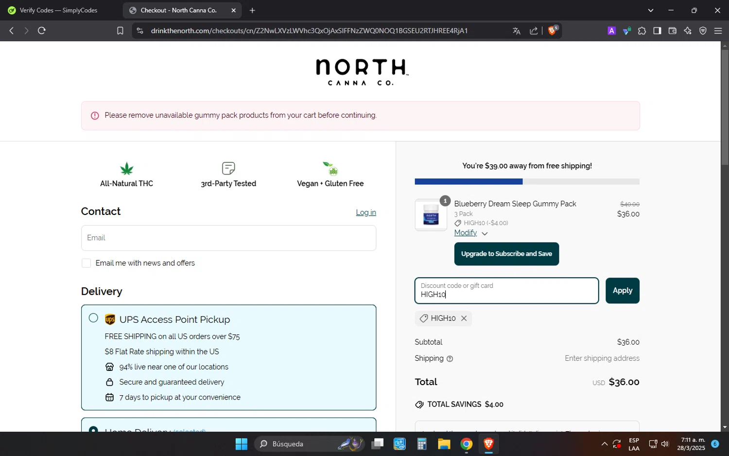 NORTH Canna discount code screenshot showing code HIGH10 applied at NORTH Canna checkout page. Uploaded by SimplyCodes community member MonkyDLuffy on Mar 28, 2025
