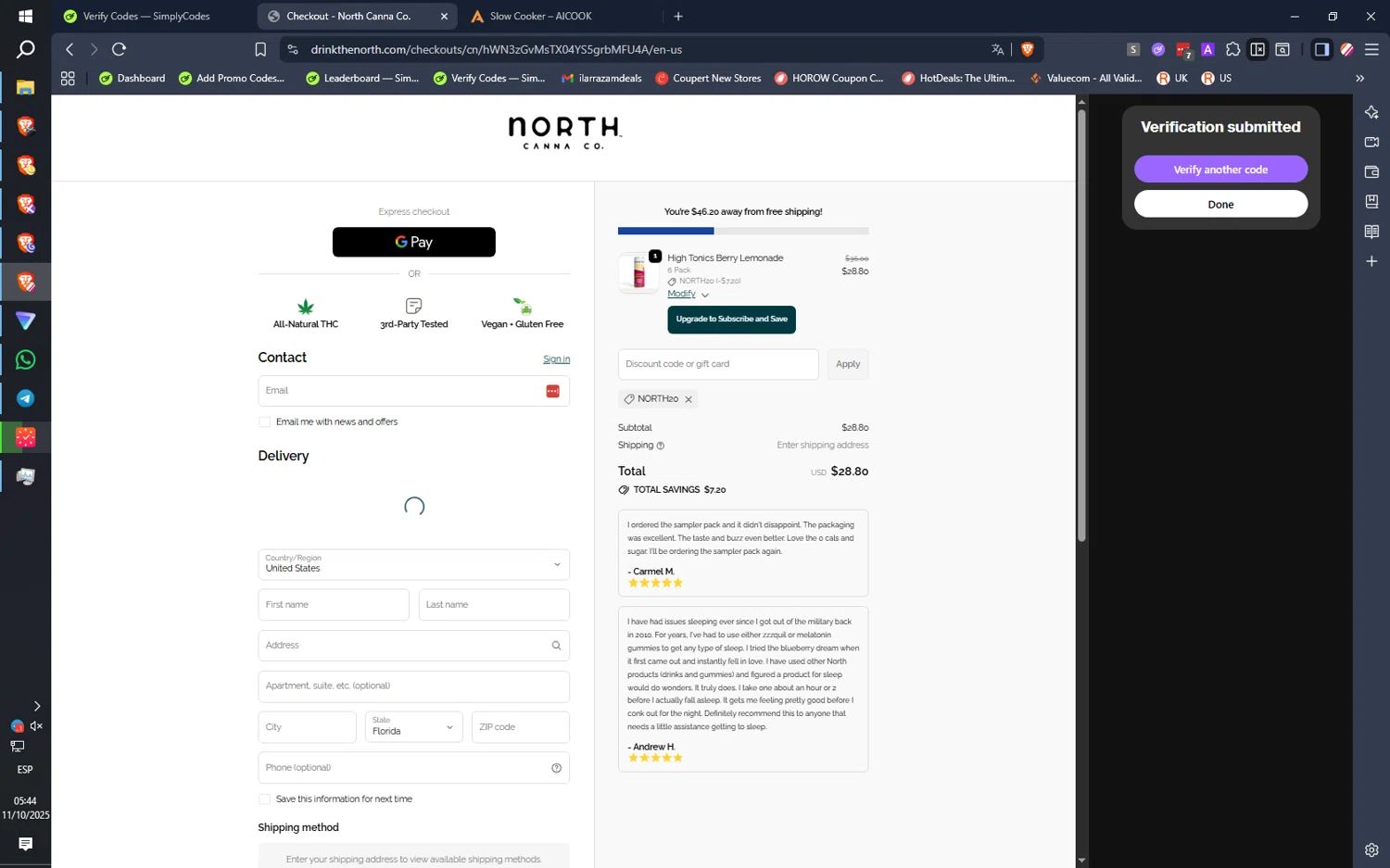 NORTH Canna discount code screenshot showing code NORTH20 applied at NORTH Canna checkout page. Uploaded by SimplyCodes community member IronMind4607 on Oct 11, 2025