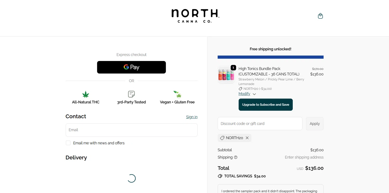 NORTH Canna discount code screenshot showing code NORTH20 applied at NORTH Canna checkout page. Uploaded by SimplyCodes community member marielysmorales on Oct 23, 2025