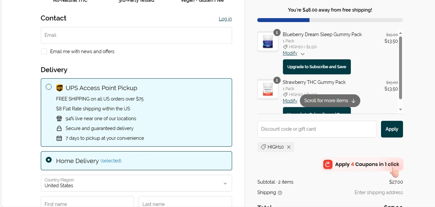 NORTH Canna discount code screenshot showing code HIGH10 applied at NORTH Canna checkout page. Uploaded by SimplyCodes community member shark12 on Feb 17, 2025