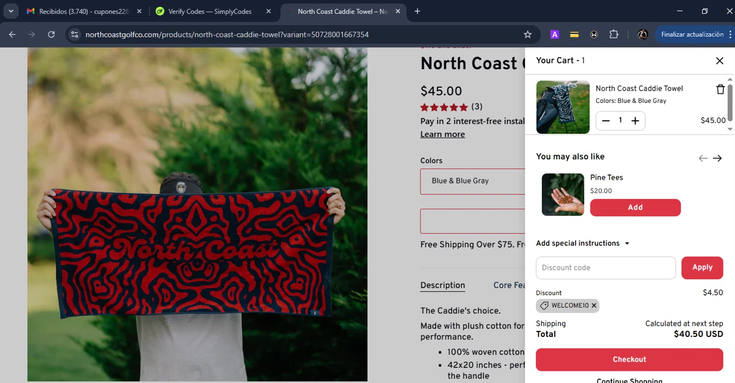 North Coast Golf promo code screenshot showing code WELCOME10 applied at North Coast Golf checkout page. Uploaded by SimplyCodes community member Eduard on Aug 7, 2025