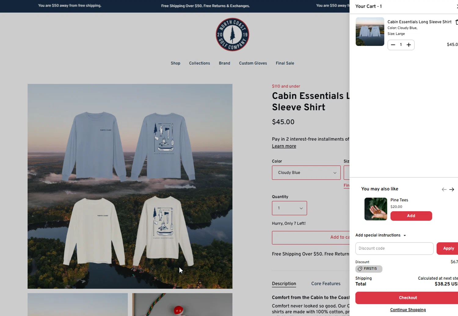 North Coast Golf promo code screenshot showing code FIRST15 applied at North Coast Golf checkout page. Uploaded by SimplyCodes community member ElIntrepidoVolador on Feb 20, 2025