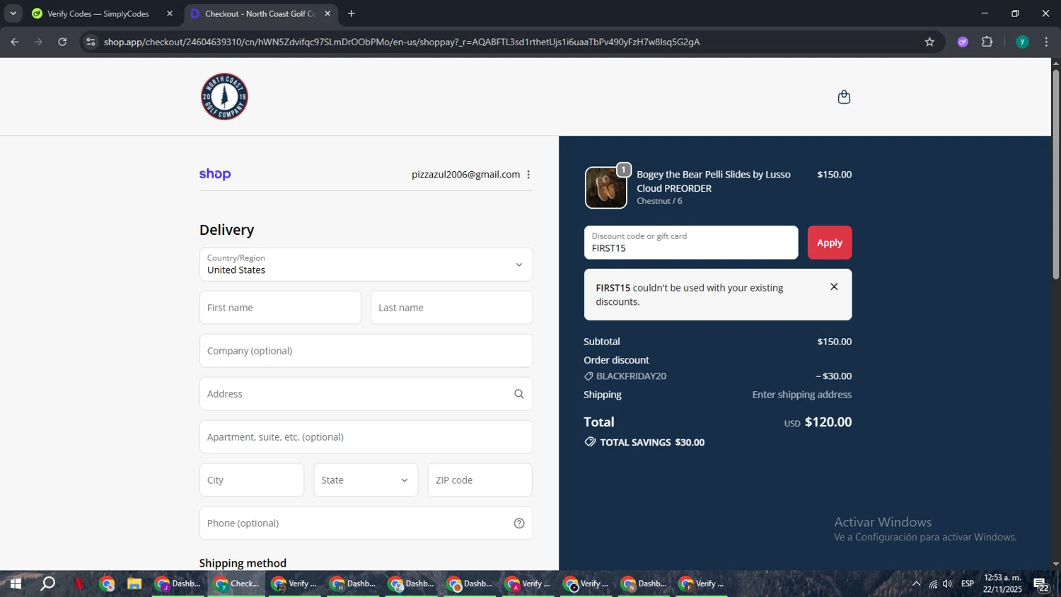 North Coast Golf promo code screenshot showing code FIRST15 applied at North Coast Golf checkout page. Uploaded by SimplyCodes community member FrugalCaptain6906 on Nov 22, 2025