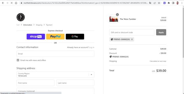 North Drinkware checkout page showing North Drinkware promo code box | Screenshot taken by SimplyCodes community member on Dec 26, 2022