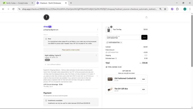 North Drinkware checkout page showing North Drinkware promo code box | Screenshot taken by SimplyCodes community member on Jun 23, 2025