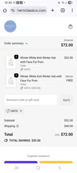 Hats coupon verification screenshot