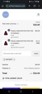 HATSOFF coupon verification screenshot