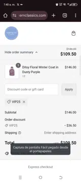 Vip25 coupon verification screenshot
