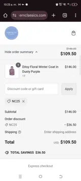 Nc25 coupon verification screenshot