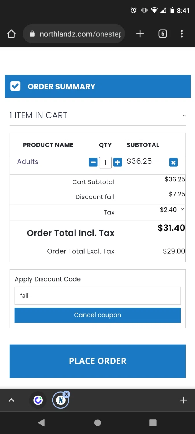 Northlandz checkout page showing Northlandz coupon code box | Screenshot taken by SimplyCodes community member on Oct 31, 2022