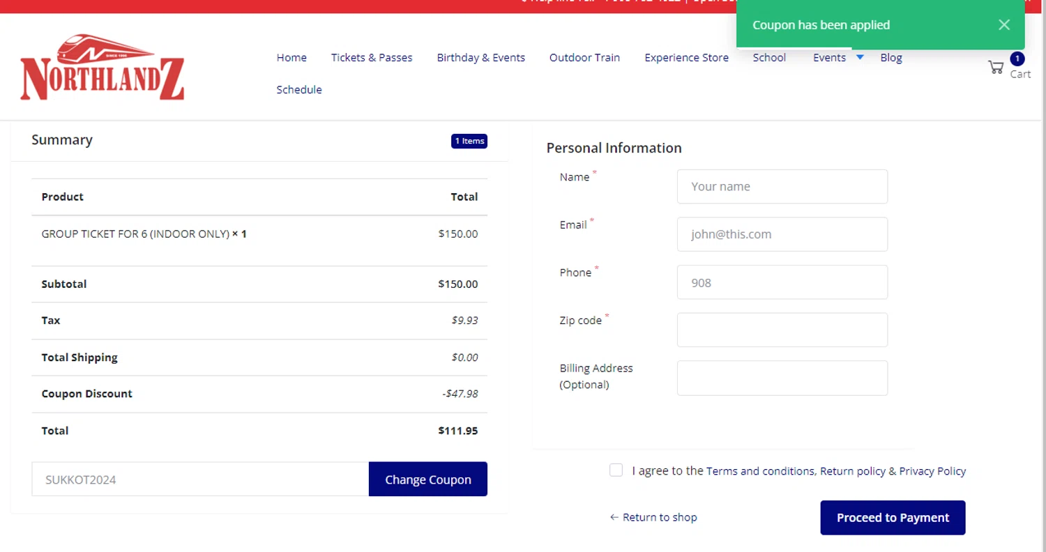 Northlandz checkout page showing Northlandz coupon code box | Screenshot taken by SimplyCodes community member on Oct 16, 2024
