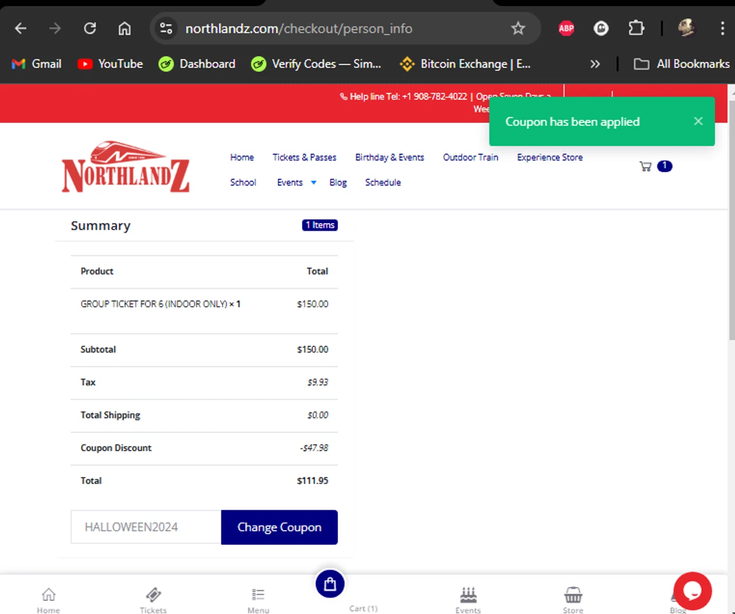 Northlandz checkout page showing Northlandz coupon code box | Screenshot taken by SimplyCodes community member on Oct 26, 2024