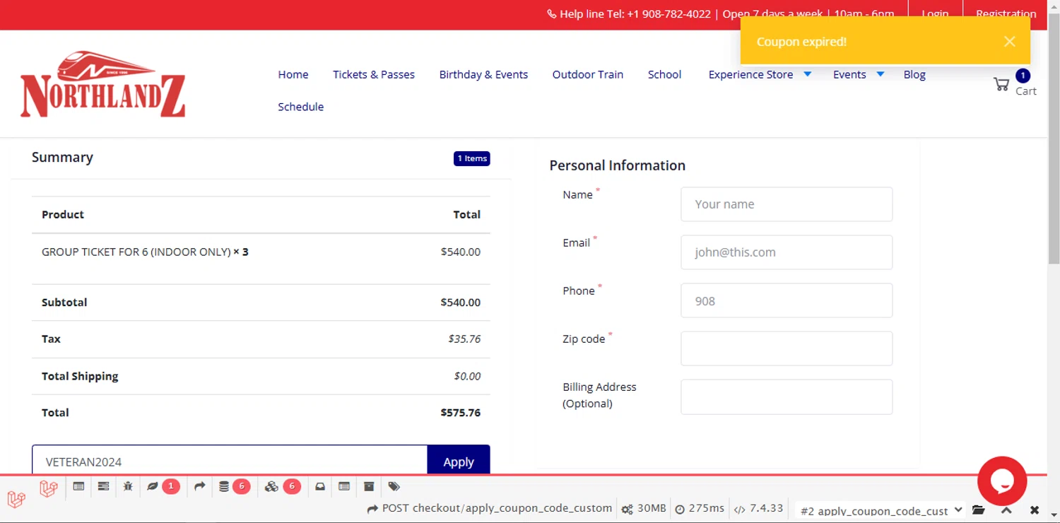 Northlandz coupon code screenshot showing code VETERAN2024 applied at Northlandz checkout page. Uploaded by SimplyCodes community member Xiooh292929 on Feb 1, 2025