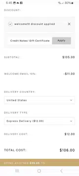 WELCOME10 coupon verification screenshot