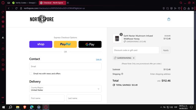 North Spore checkout page showing North Spore discount code box | Screenshot taken by SimplyCodes community member on Sep 4, 2025