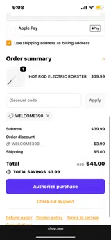 WELCOME390 coupon verification screenshot