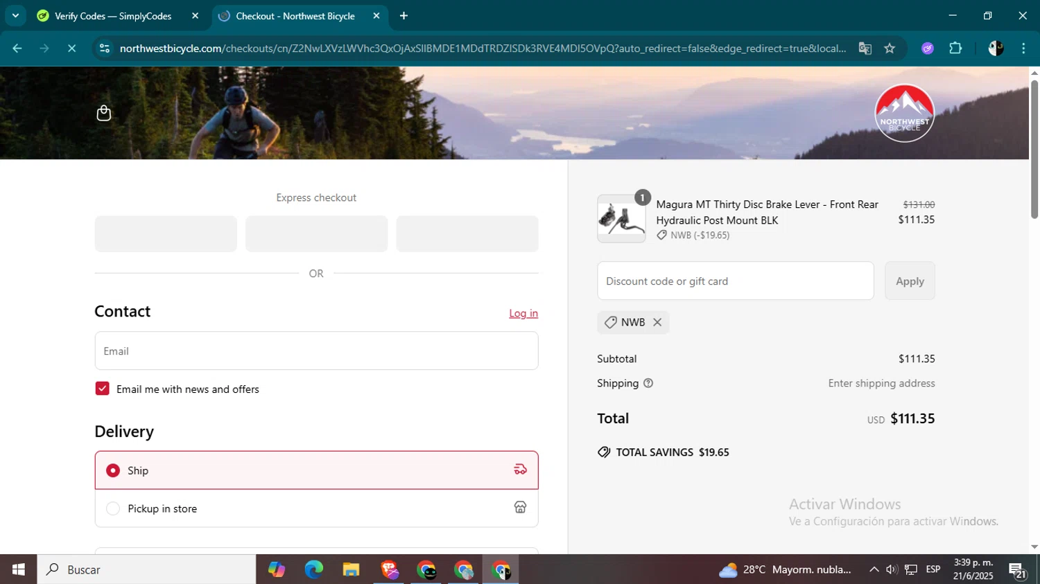 Northwest Bicycle promo code screenshot showing code NWB applied at Northwest Bicycle checkout page. Uploaded by SimplyCodes community member CleverSage9163 on Jun 21, 2025