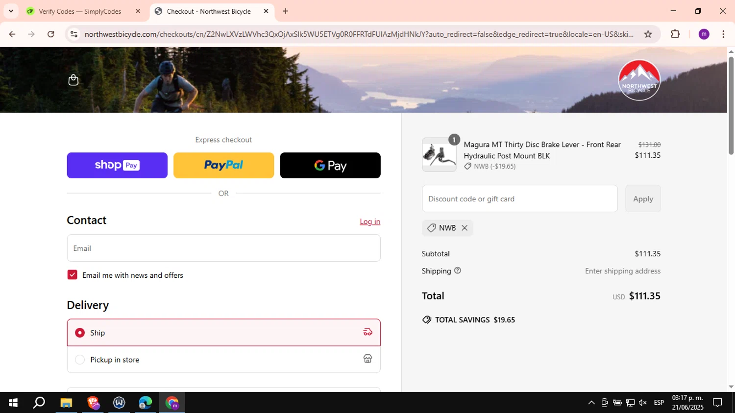 Northwest Bicycle promo code screenshot showing code NWB applied at Northwest Bicycle checkout page. Uploaded by SimplyCodes community member VictoriousCurator6515 on Jun 21, 2025