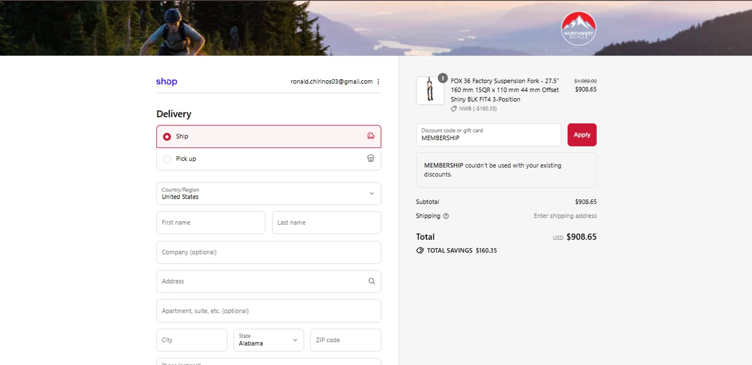 Northwest Bicycle promo code screenshot showing code MEMBERSHIP applied at Northwest Bicycle checkout page. Uploaded by SimplyCodes community member CodeExpert7814 on Sep 16, 2025