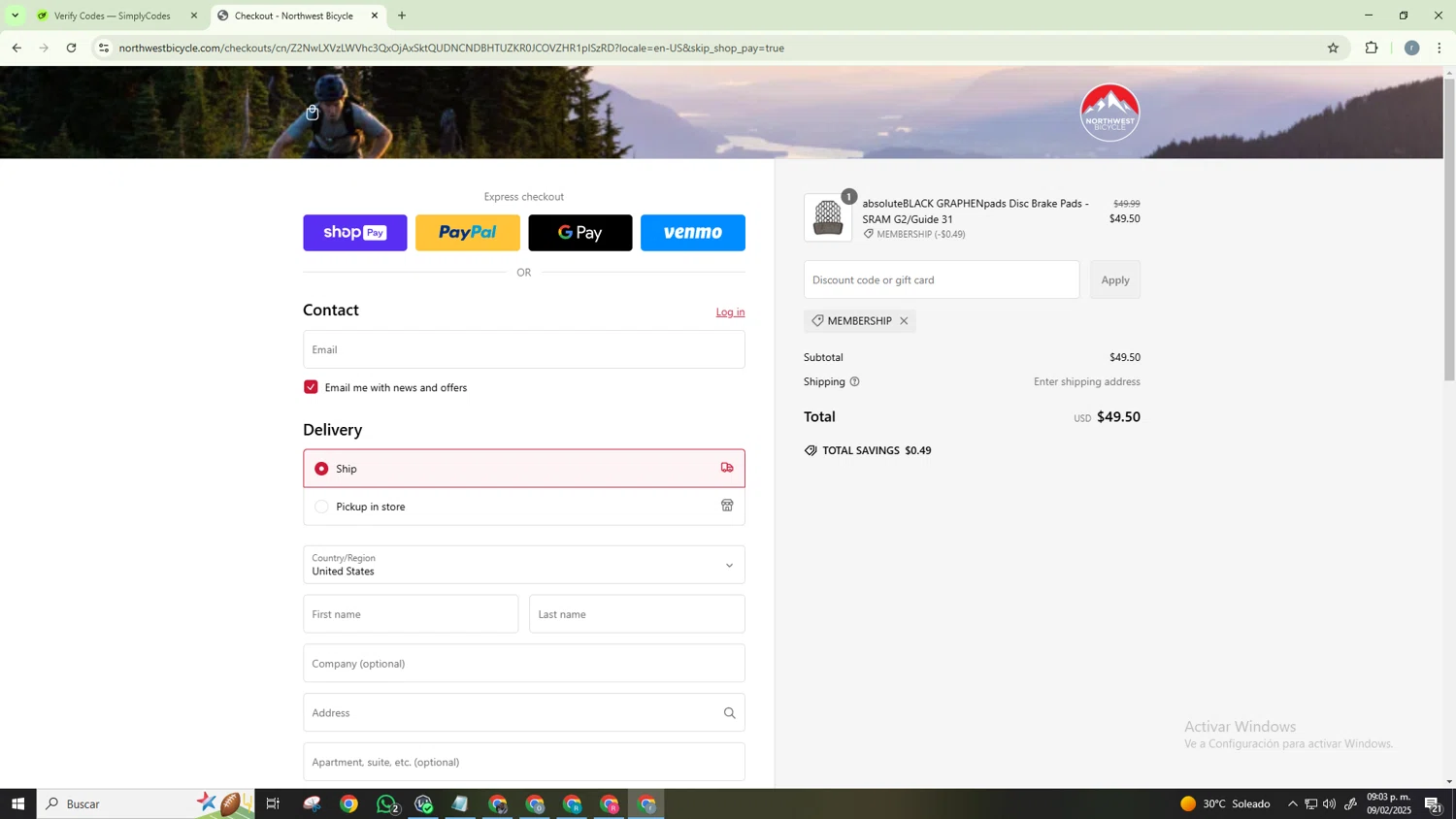 Northwest Bicycle promo code screenshot showing code MEMBERSHIP applied at Northwest Bicycle checkout page. Uploaded by SimplyCodes community member CashScholar6568 on Feb 10, 2025