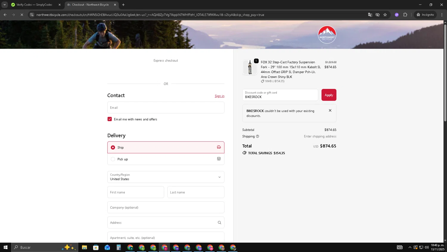 Northwest Bicycle promo code screenshot showing code BIKESROCK applied at Northwest Bicycle checkout page. Uploaded by SimplyCodes community member TOROREX250 on Nov 14, 2025