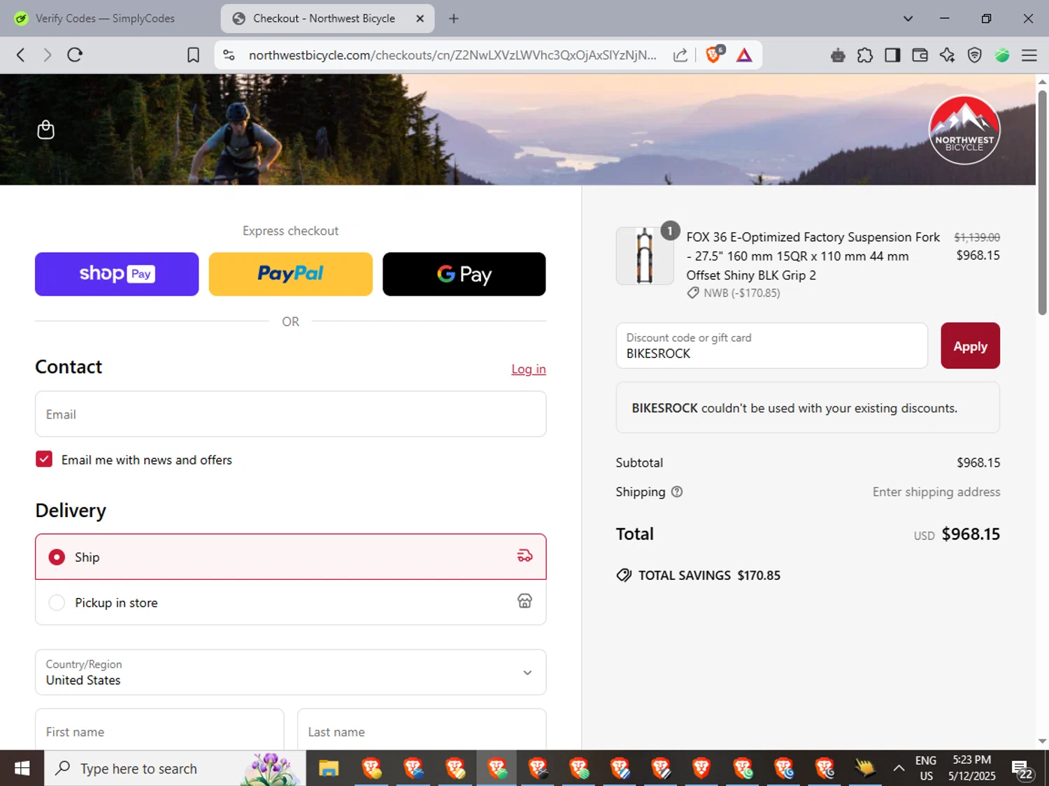 Northwest Bicycle promo code screenshot showing code BIKESROCK applied at Northwest Bicycle checkout page. Uploaded by SimplyCodes community member LuckyFinder3550 on May 12, 2025