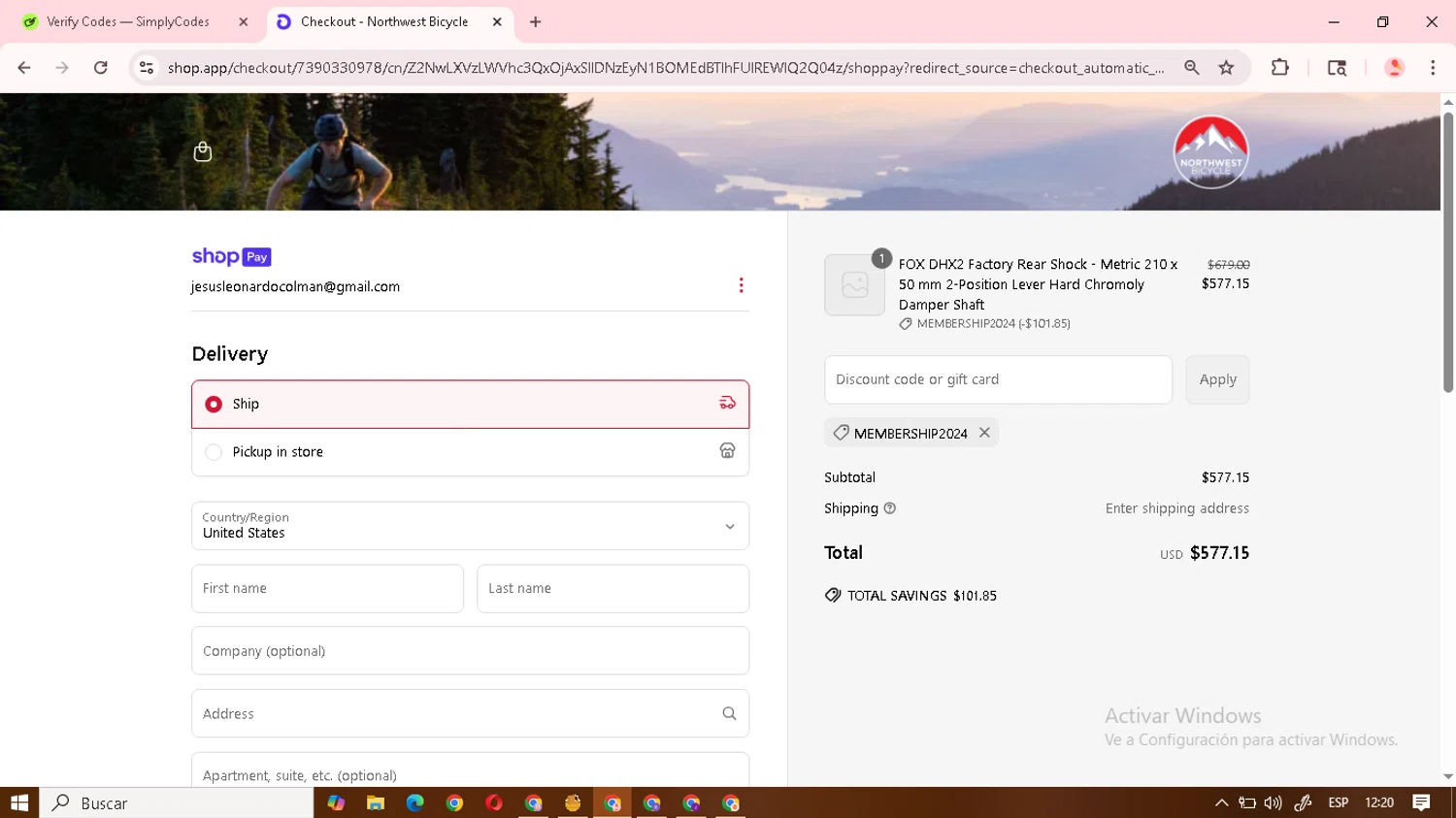 Northwest Bicycle promo code screenshot showing code MEMBERSHIP2024 applied at Northwest Bicycle checkout page. Uploaded by SimplyCodes community member junojuno on Jun 22, 2025