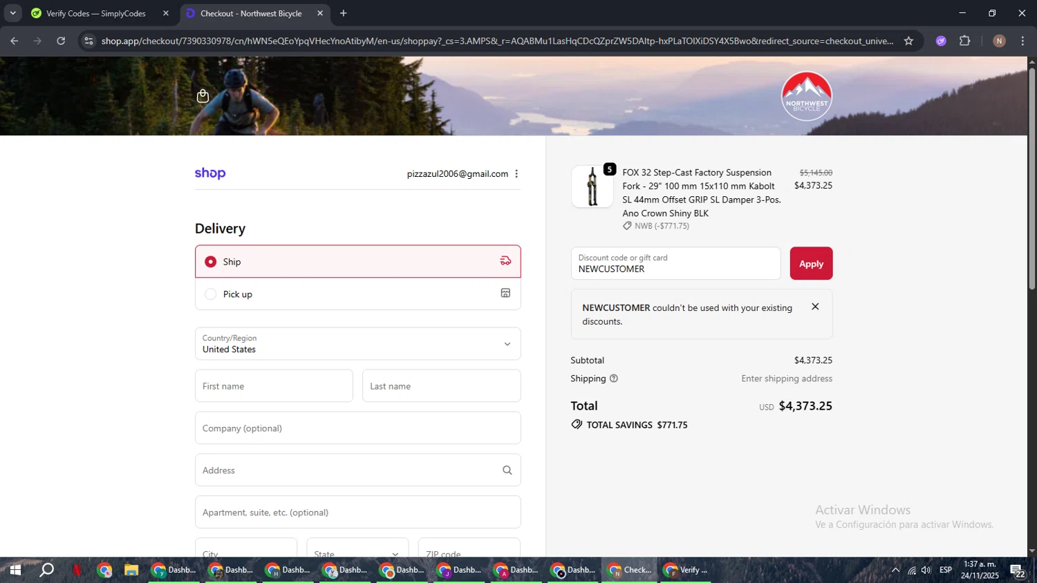Northwest Bicycle promo code screenshot showing code NEWCUSTOMER applied at Northwest Bicycle checkout page. Uploaded by SimplyCodes community member DiscountPioneer2554 on Nov 24, 2025