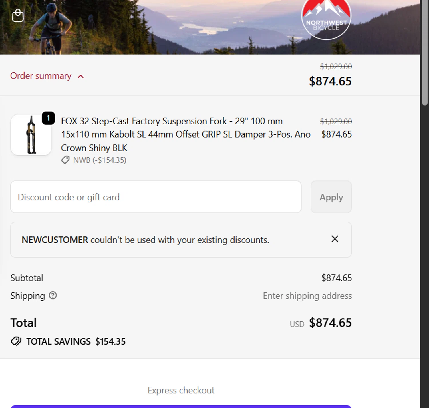 Northwest Bicycle promo code screenshot showing code NEWCUSTOMER applied at Northwest Bicycle checkout page. Uploaded by SimplyCodes community member GoldLynx7797 on Dec 27, 2025