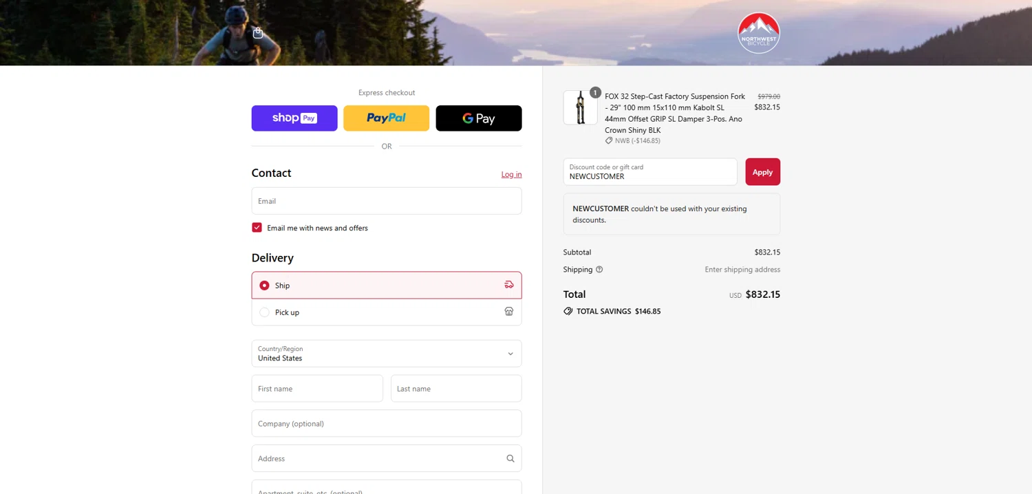 Northwest Bicycle promo code screenshot showing code NEWCUSTOMER applied at Northwest Bicycle checkout page. Uploaded by SimplyCodes community member Dorothy on Aug 14, 2025