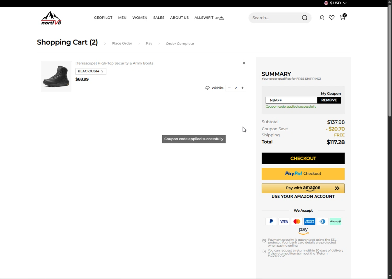 Nortiv8 coupon code screenshot showing code N8AFF applied at Nortiv8 checkout page. Uploaded by SimplyCodes community member Doomslayer on Jun 21, 2025