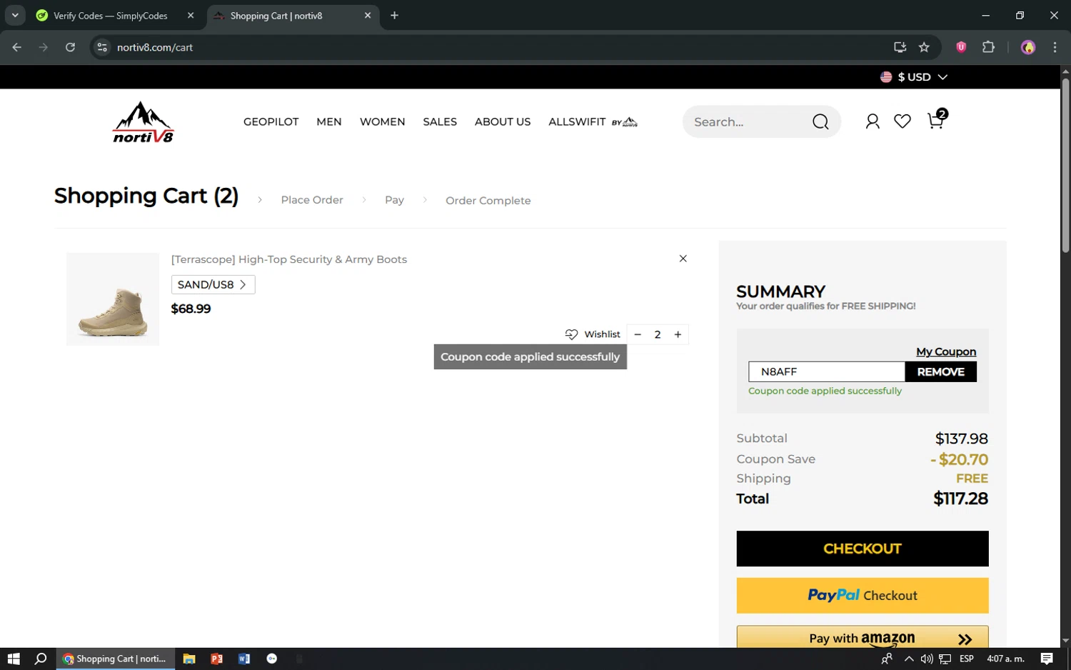 Nortiv8 coupon code screenshot showing code N8AFF applied at Nortiv8 checkout page. Uploaded by SimplyCodes community member TreasureShopper9156 on Jun 28, 2025