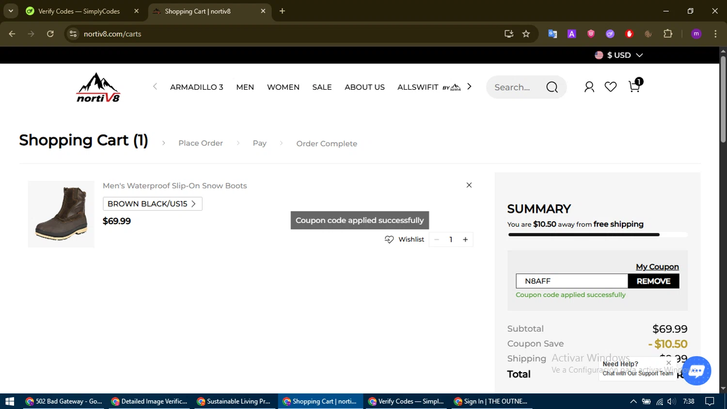 Nortiv8 coupon code screenshot showing code N8AFF applied at Nortiv8 checkout page. Uploaded by SimplyCodes community member WonderHawk4272 on Nov 6, 2025