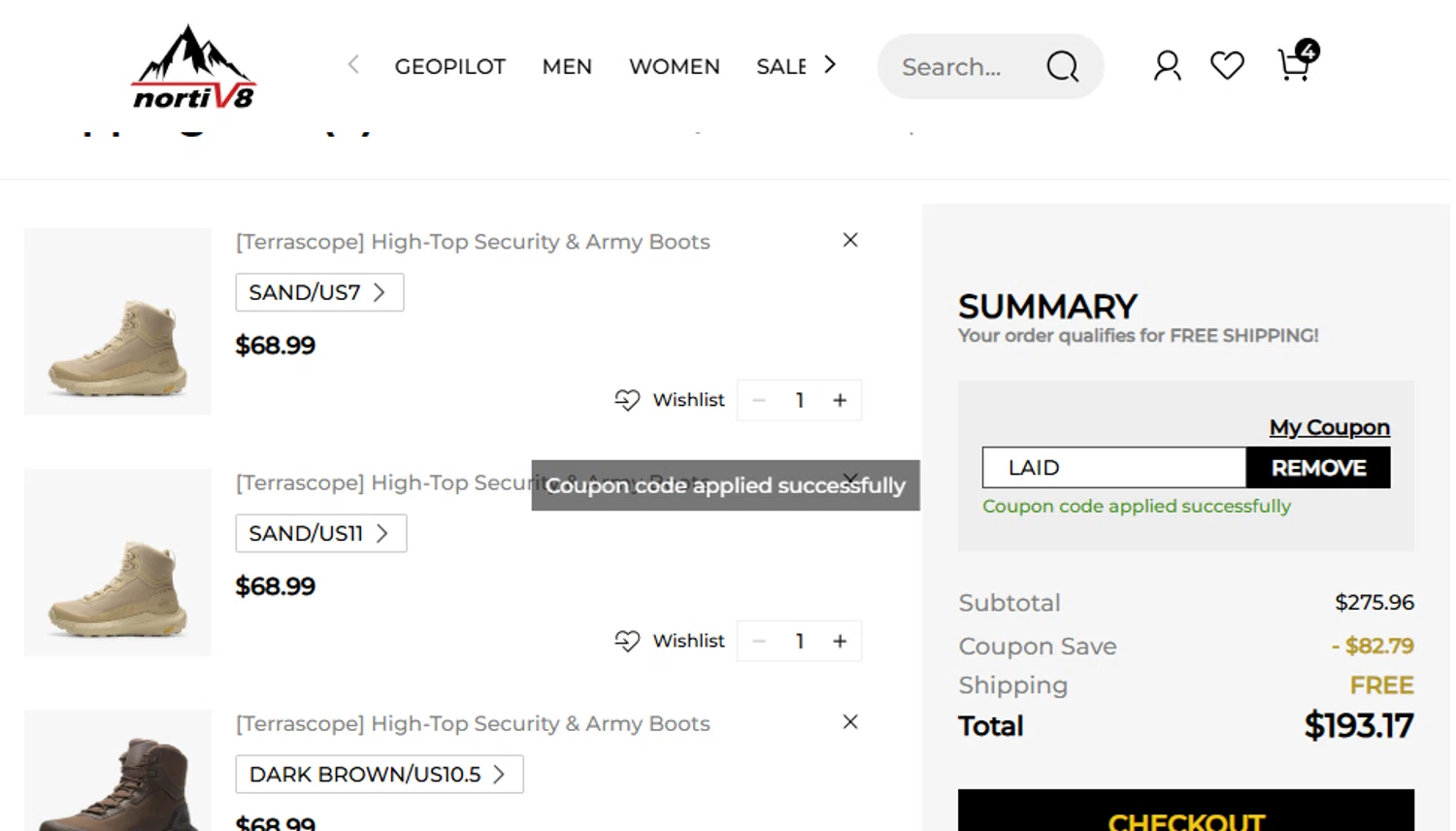 Nortiv8 coupon code screenshot showing code LAID applied at Nortiv8 checkout page. Uploaded by SimplyCodes community member carmennoviko on May 24, 2025