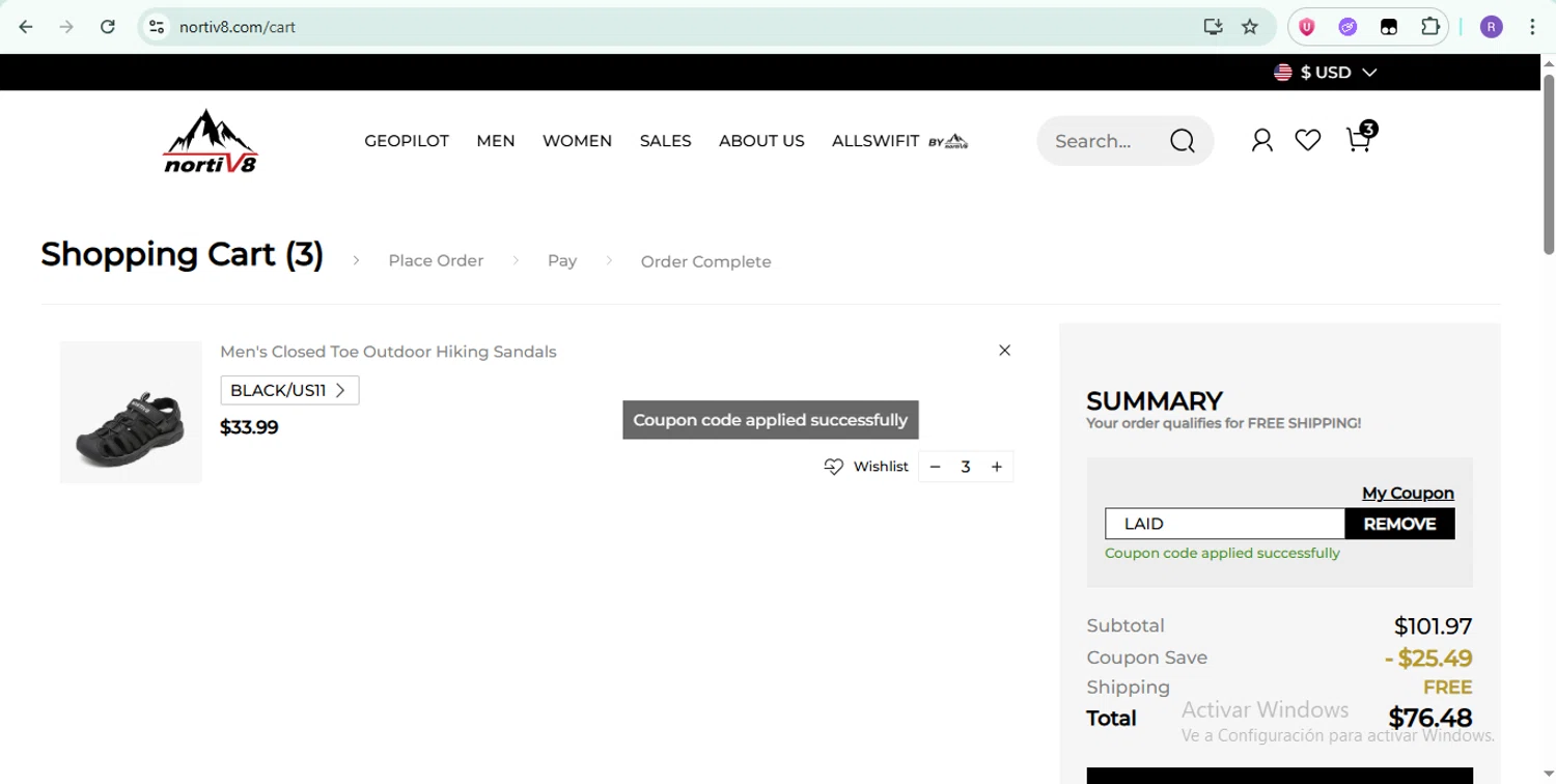 Nortiv8 coupon code screenshot showing code LAID applied at Nortiv8 checkout page. Uploaded by SimplyCodes community member ShrewdTiger1887 on Jun 28, 2025