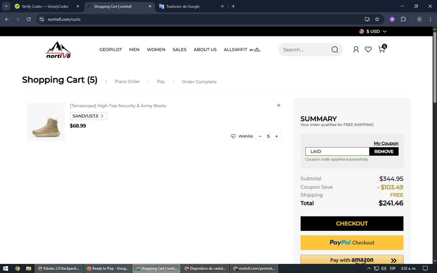 Nortiv8 coupon code screenshot showing code LAID applied at Nortiv8 checkout page. Uploaded by SimplyCodes community member TOUSEN on Jun 14, 2025