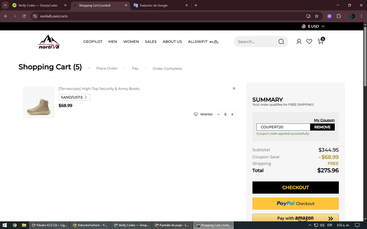 Nortiv8 coupon code screenshot showing code COUPERT20 applied at Nortiv8 checkout page. Uploaded by SimplyCodes community member Kurokenshi on Jun 14, 2025