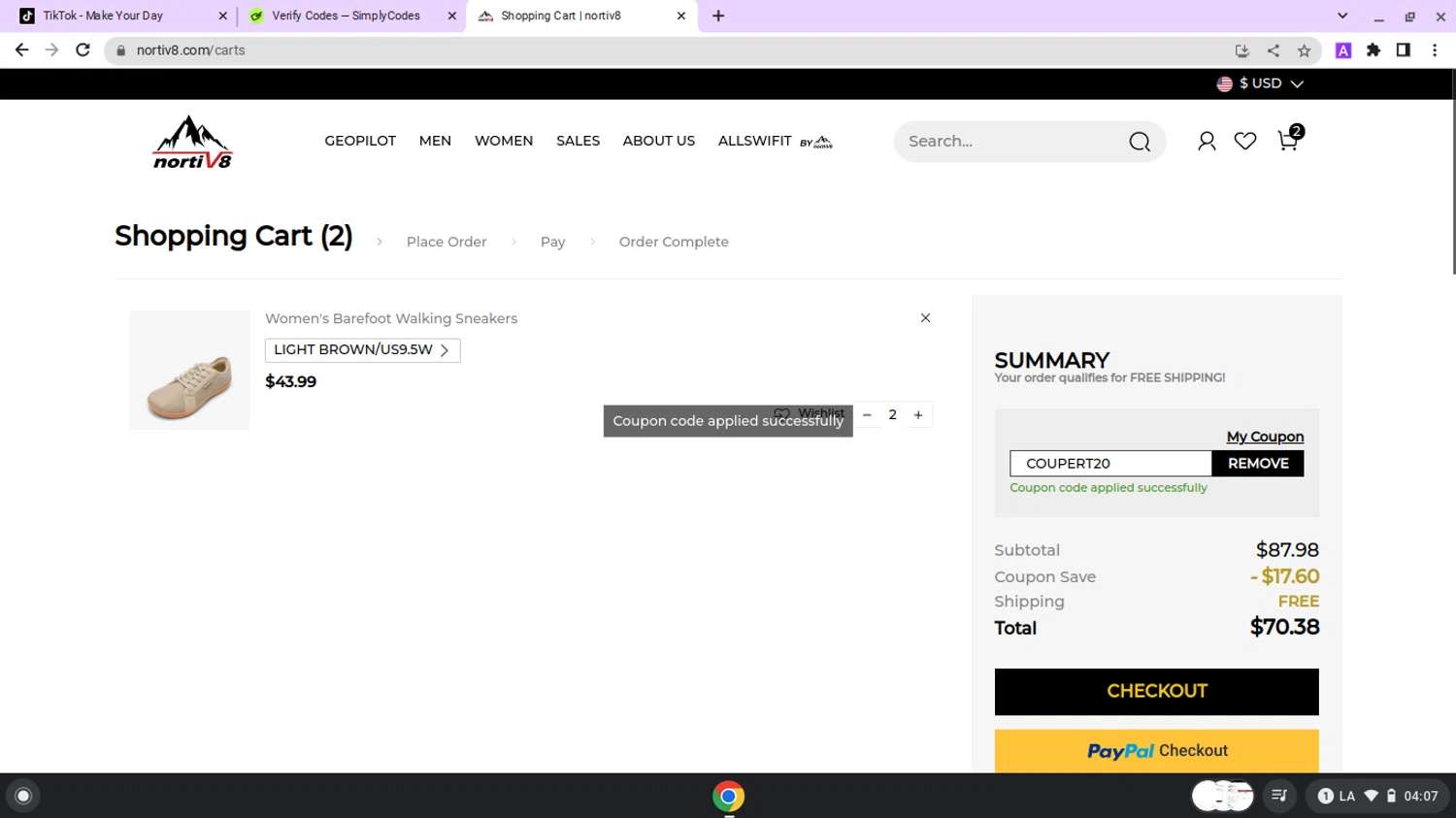 Nortiv8 coupon code screenshot showing code COUPERT20 applied at Nortiv8 checkout page. Uploaded by SimplyCodes community member lapampita on Jun 28, 2025